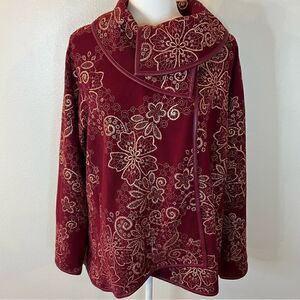 GRAVER Susan Graver Foil Printed Textured Knit Jacket with Trim Wine Sz Large